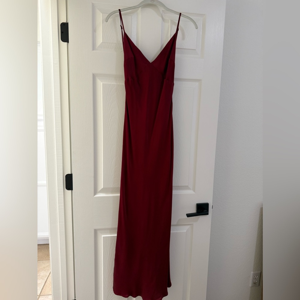 Meshki Wine Satin Slip Midi Dress with Spaghetti Straps - Picture 4 of 6